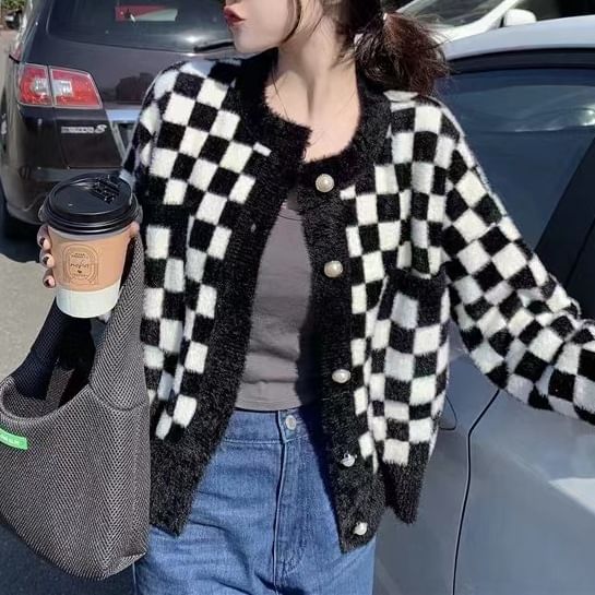 Crew Checkerboard Neck Cardigan