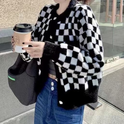Crew Checkerboard Neck Cardigan