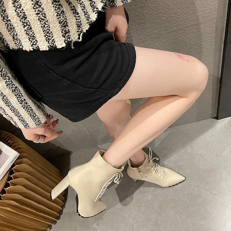 Pointed Ankle Boots High Heel Lace-Up