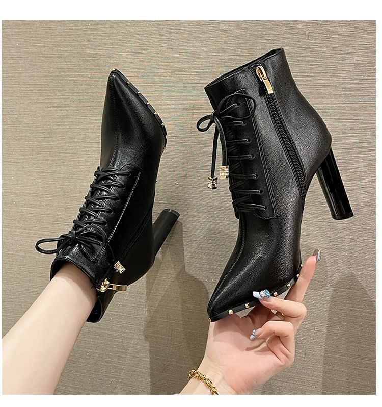 Pointed Ankle Boots High Heel Lace-Up