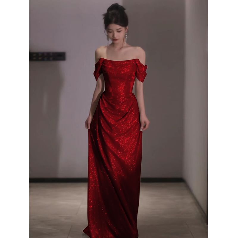 Glitter Plain Evening A-Line Gown Off-Shoulder