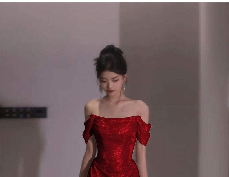 Glitter Plain Evening A-Line Gown Off-Shoulder