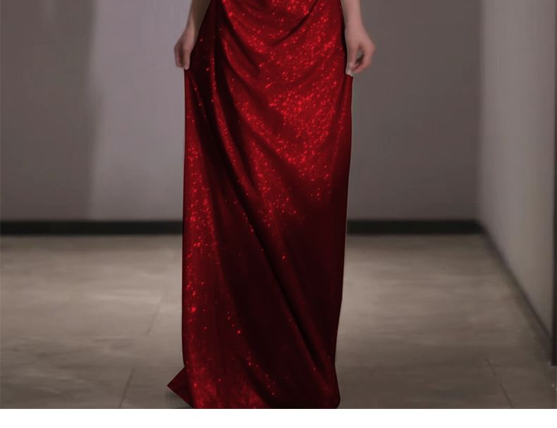 Glitter Plain Evening A-Line Gown Off-Shoulder