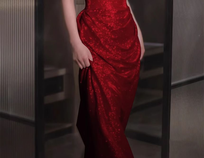 Glitter Plain Evening A-Line Gown Off-Shoulder