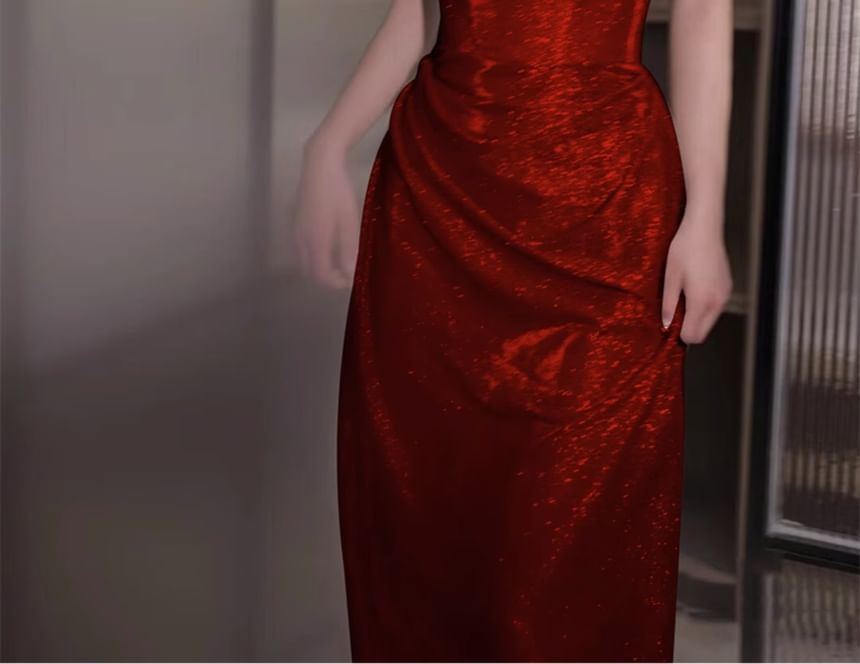 Glitter Plain Evening A-Line Gown Off-Shoulder