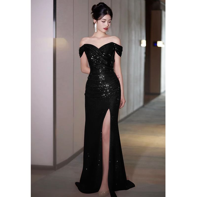Ruched Trained Off-Shoulder Plain Sequin Mermaid Gown Slit Evening