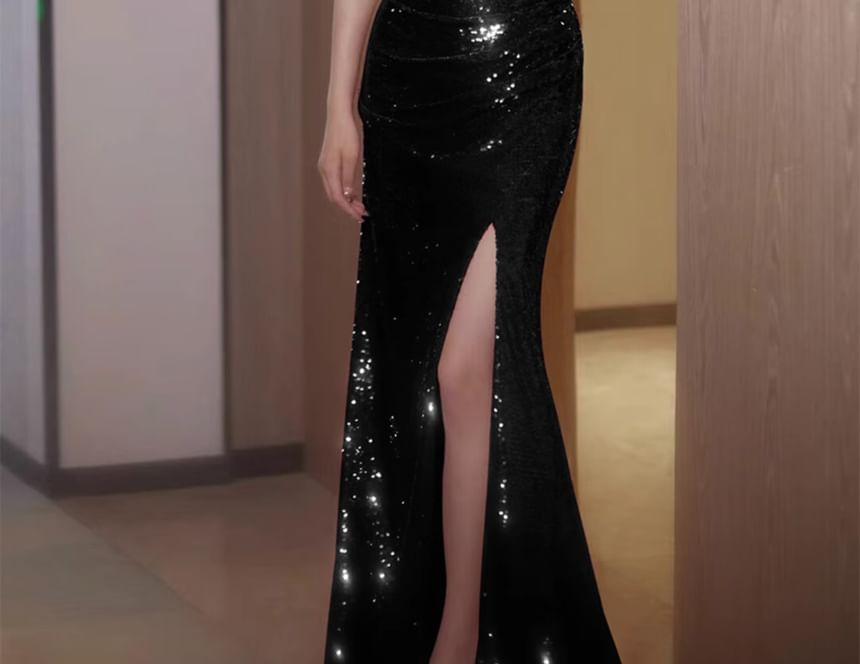 Ruched Trained Off-Shoulder Plain Sequin Mermaid Gown Slit Evening