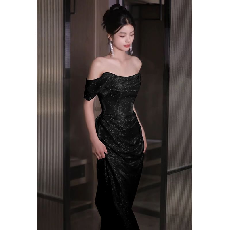 Plain Off-Shoulder Ruched Evening Gown A-Line Glitter