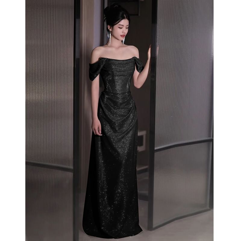 Plain Off-Shoulder Ruched Evening Gown A-Line Glitter