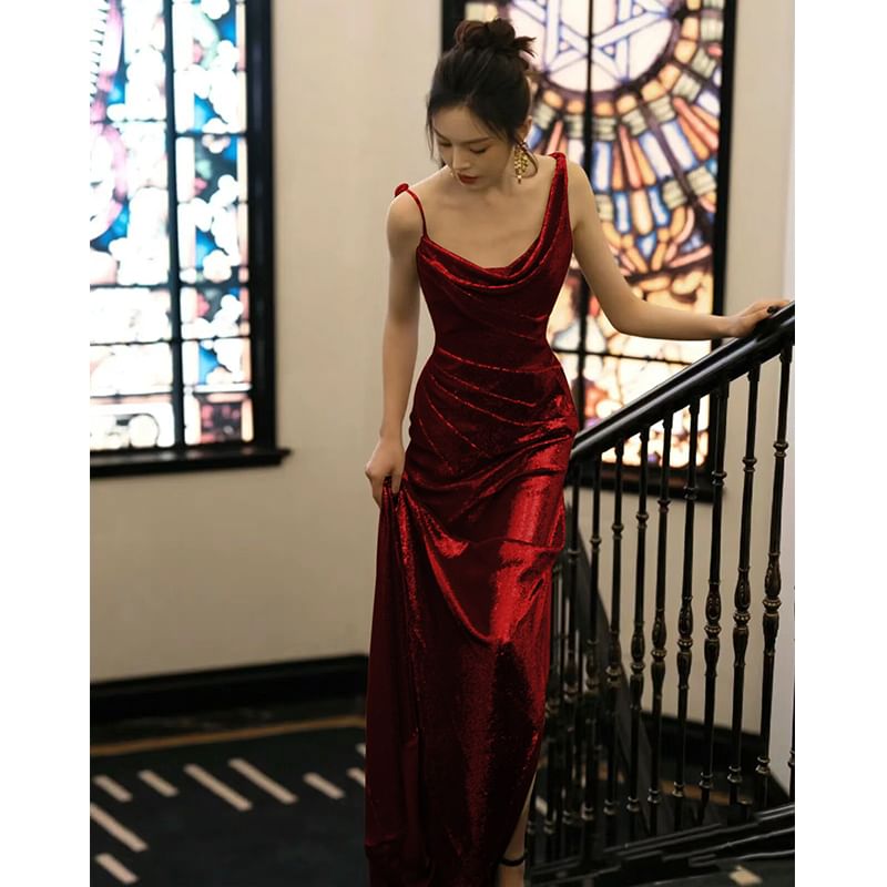 Strap Neck Sequin Evening Cowl Open Gown Back Spaghetti Mermaid Plain