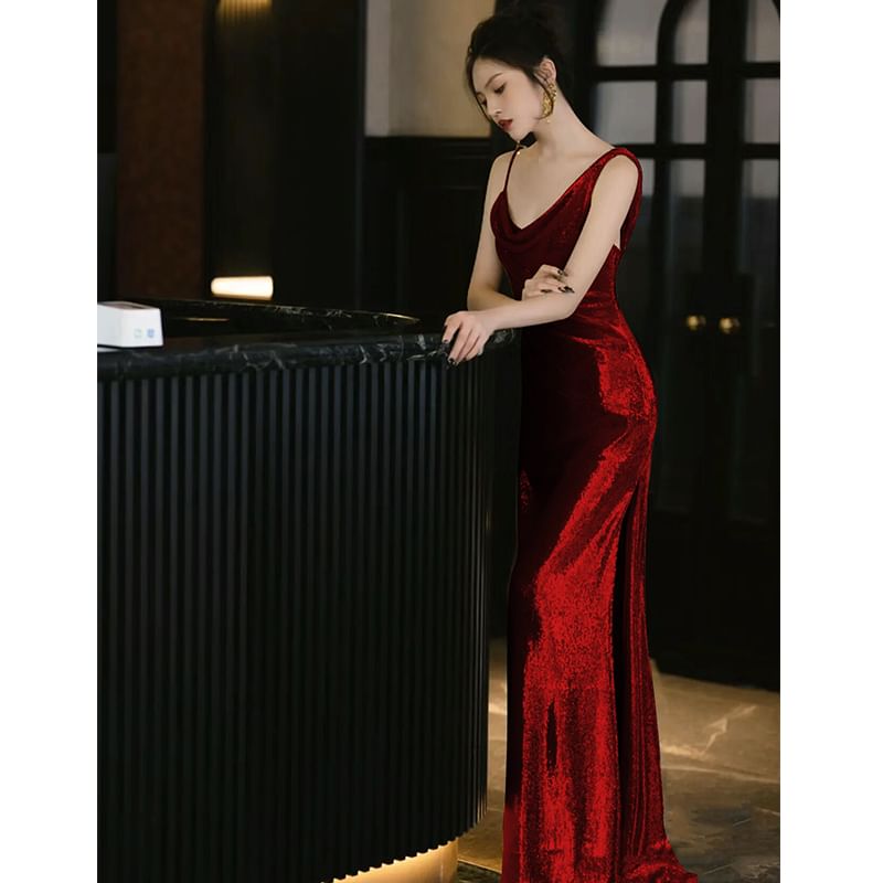 Strap Neck Sequin Evening Cowl Open Gown Back Spaghetti Mermaid Plain