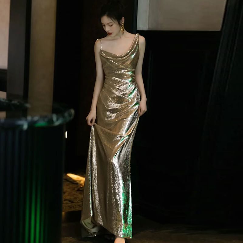 Strap Neck Sequin Evening Cowl Open Gown Back Spaghetti Mermaid Plain