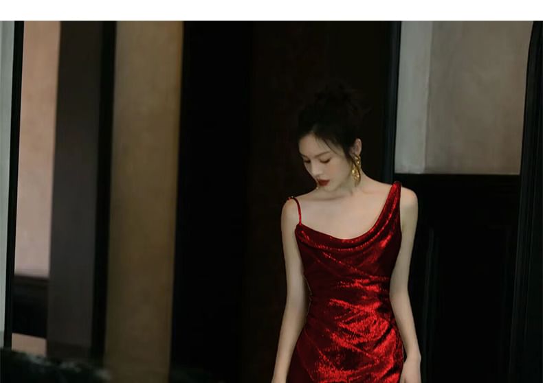 Strap Neck Sequin Evening Cowl Open Gown Back Spaghetti Mermaid Plain