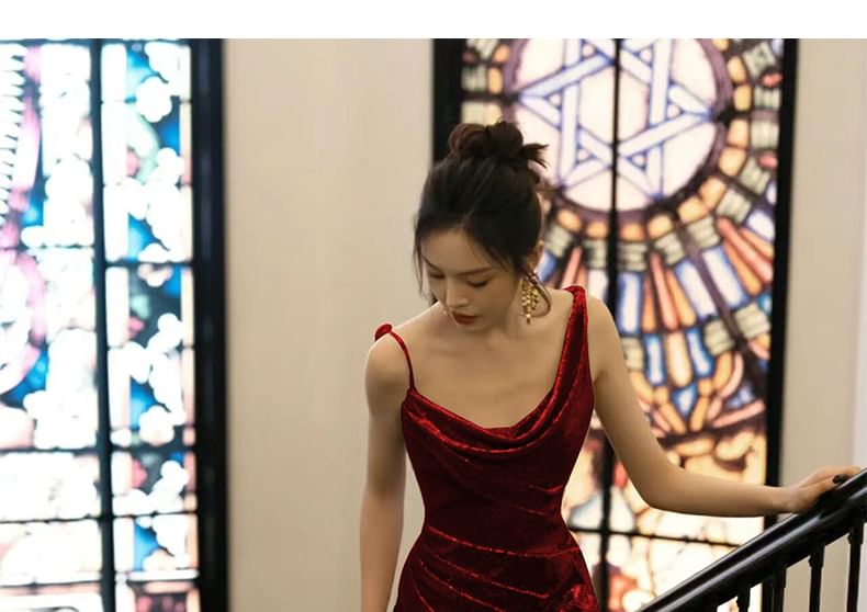 Strap Neck Sequin Evening Cowl Open Gown Back Spaghetti Mermaid Plain