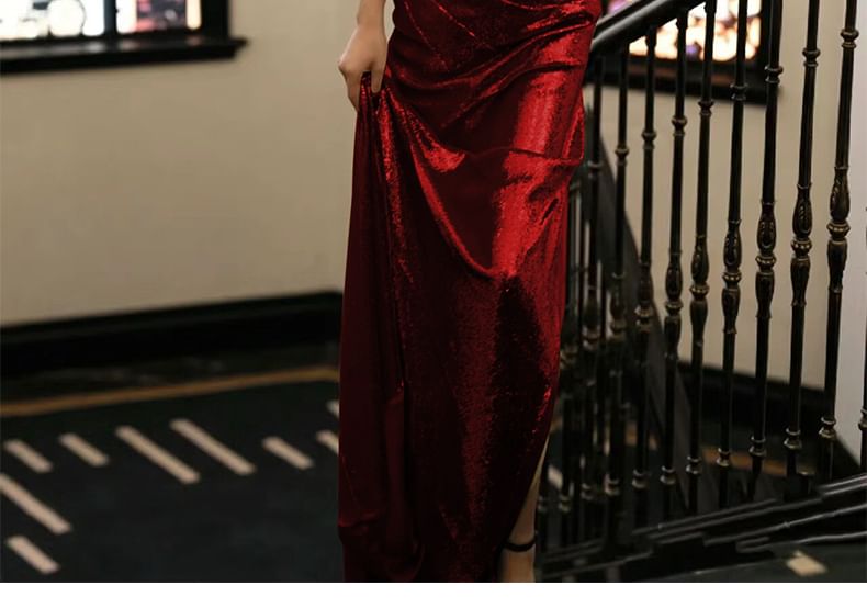 Strap Neck Sequin Evening Cowl Open Gown Back Spaghetti Mermaid Plain