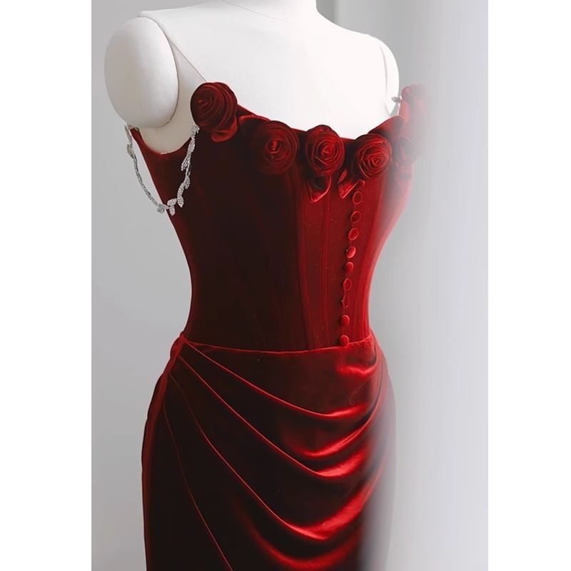 Mermaid Plain Accent Gown Evening Floral Trained Ruched Velvet Off-Shoulder Corset