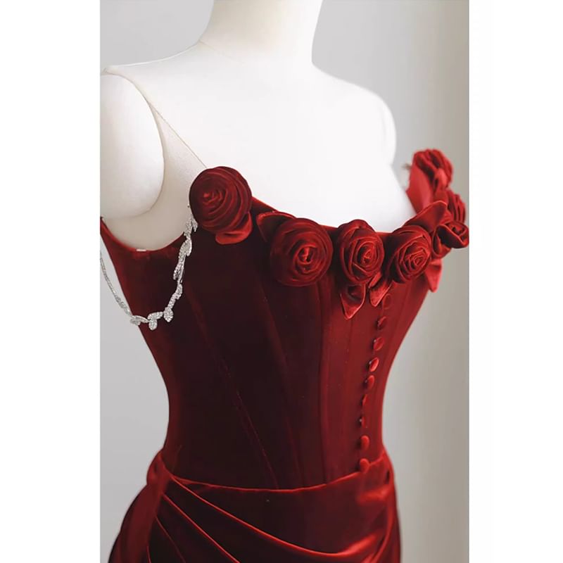 Mermaid Plain Accent Gown Evening Floral Trained Ruched Velvet Off-Shoulder Corset