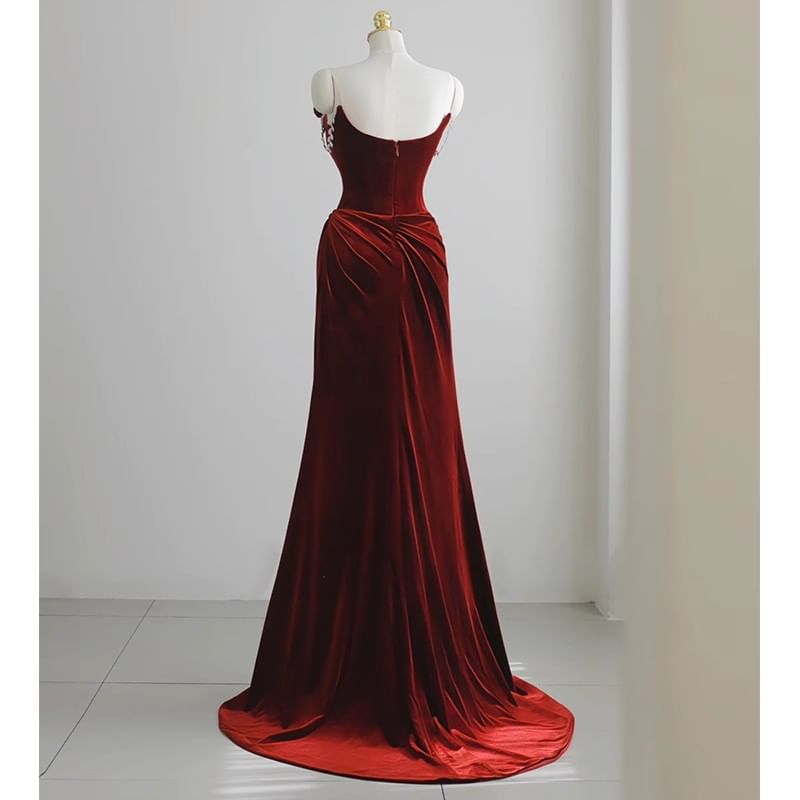 Mermaid Plain Accent Gown Evening Floral Trained Ruched Velvet Off-Shoulder Corset