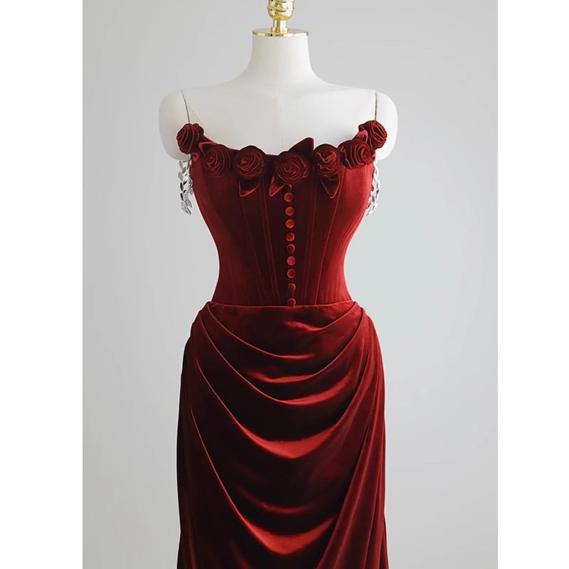 Mermaid Plain Accent Gown Evening Floral Trained Ruched Velvet Off-Shoulder Corset