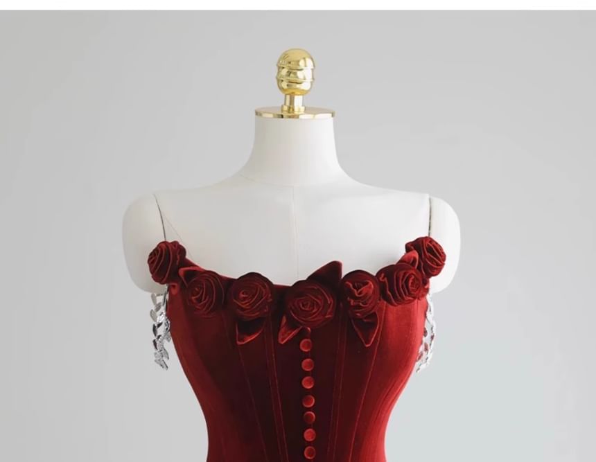 Mermaid Plain Accent Gown Evening Floral Trained Ruched Velvet Off-Shoulder Corset