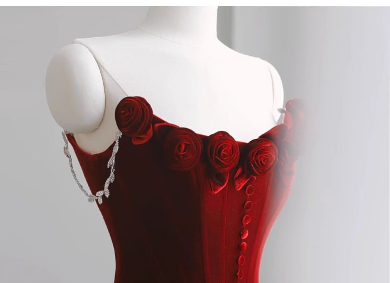 Mermaid Plain Accent Gown Evening Floral Trained Ruched Velvet Off-Shoulder Corset