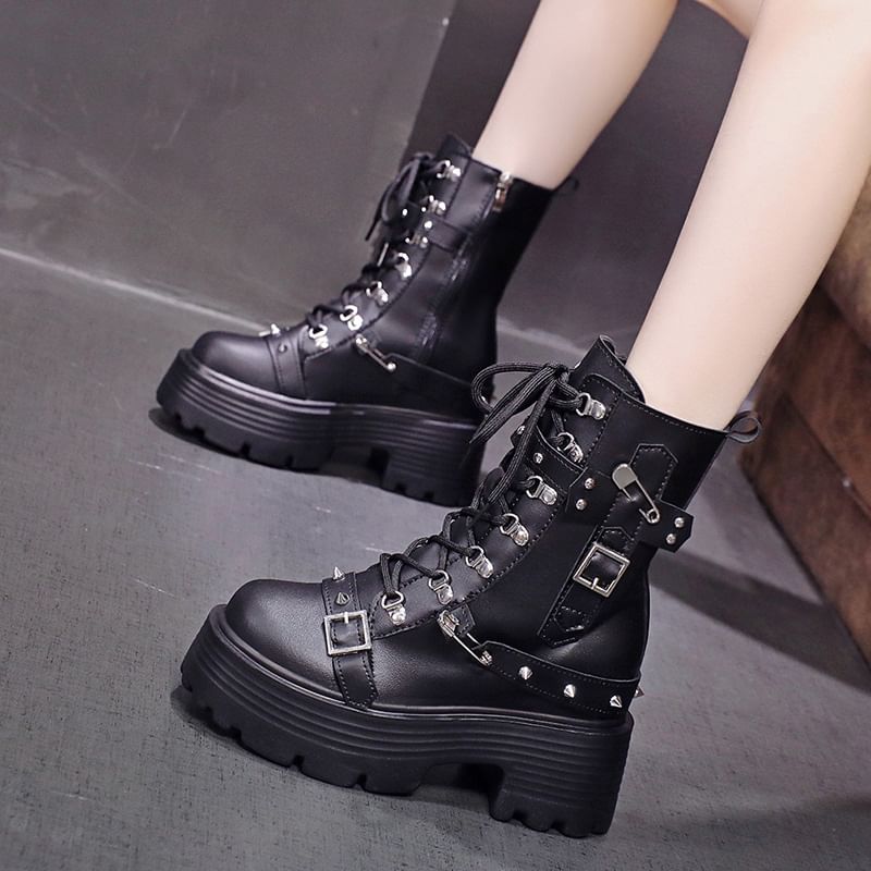 Faux Leather Lace-Up Boots Short Heel Buckled Chunky Platform