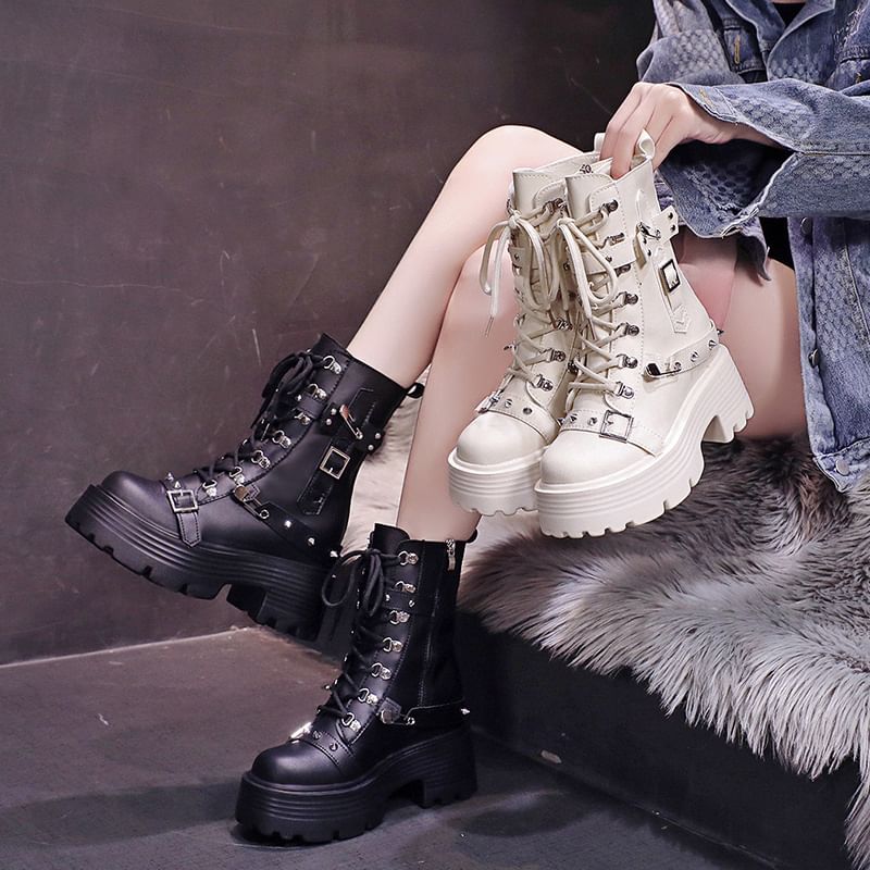 Faux Leather Lace-Up Boots Short Heel Buckled Chunky Platform