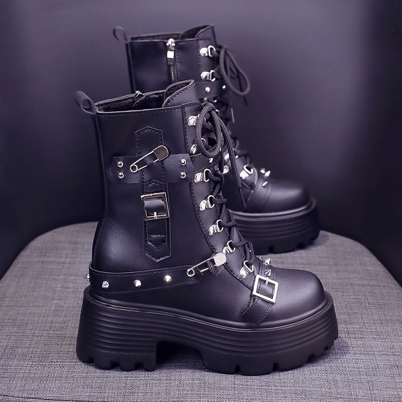 Faux Leather Lace-Up Boots Short Heel Buckled Chunky Platform