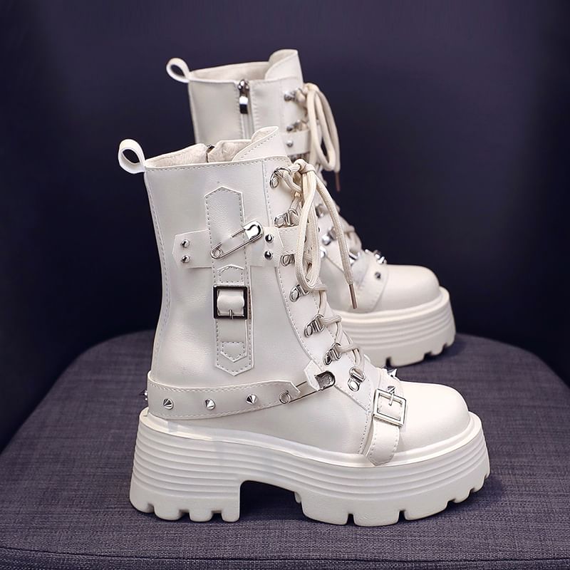 Faux Leather Lace-Up Boots Short Heel Buckled Chunky Platform