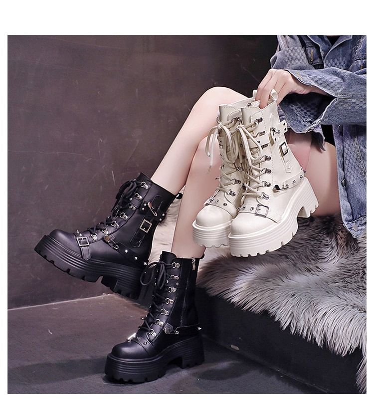 Faux Leather Lace-Up Boots Short Heel Buckled Chunky Platform