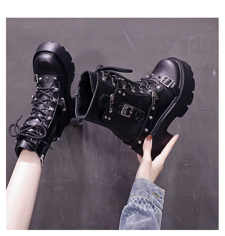 Faux Leather Lace-Up Boots Short Heel Buckled Chunky Platform