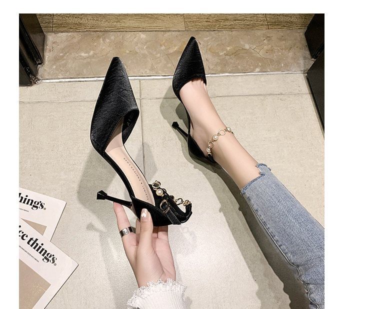 D'Orsay Pearl Ankle Strap Pumps Toe Faux Pointed