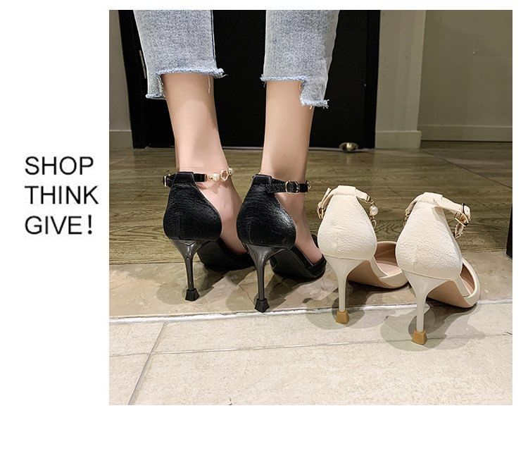 D'Orsay Pearl Ankle Strap Pumps Toe Faux Pointed