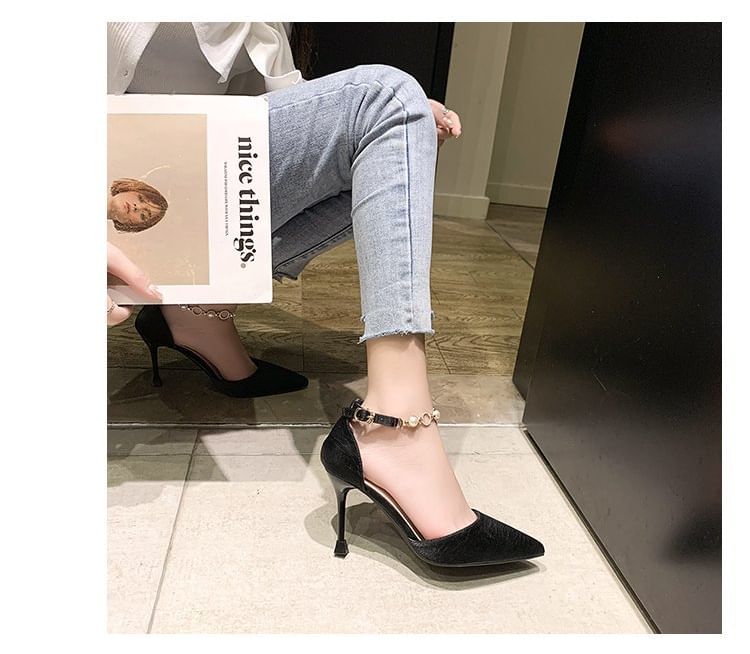 D'Orsay Pearl Ankle Strap Pumps Toe Faux Pointed