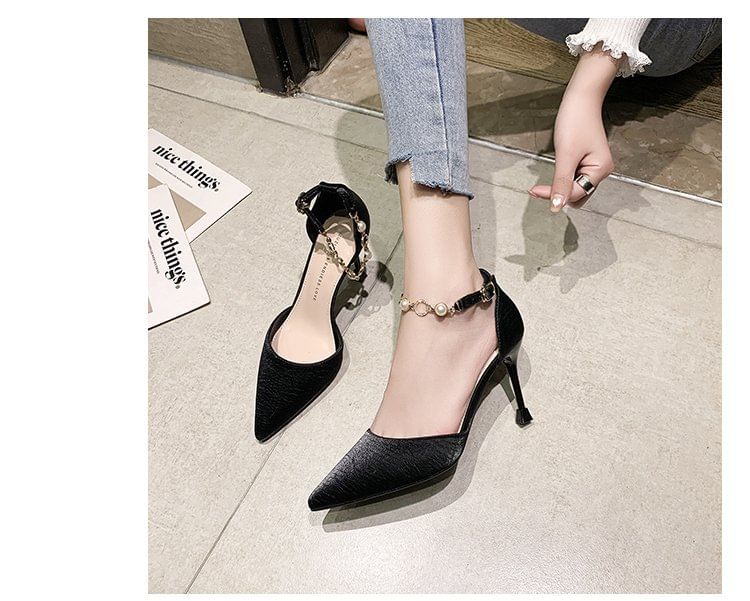 D'Orsay Pearl Ankle Strap Pumps Toe Faux Pointed