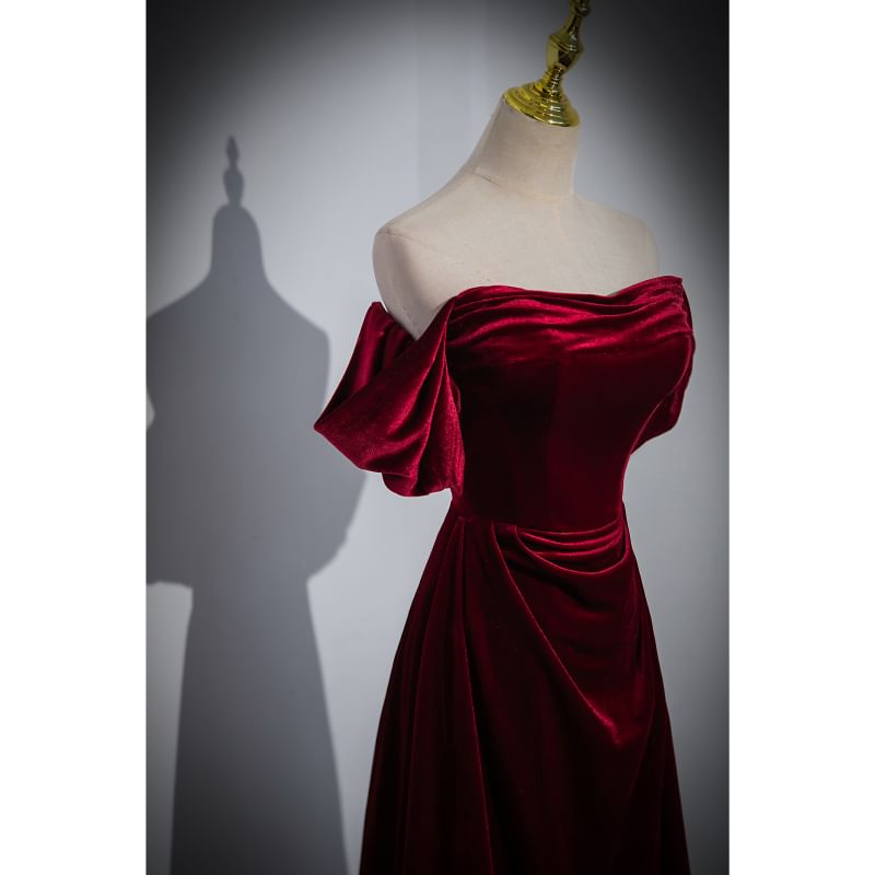 Gown Off A-Line Velvet Shoulder Evening