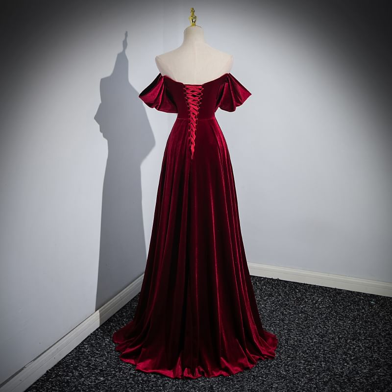 Gown Off A-Line Velvet Shoulder Evening