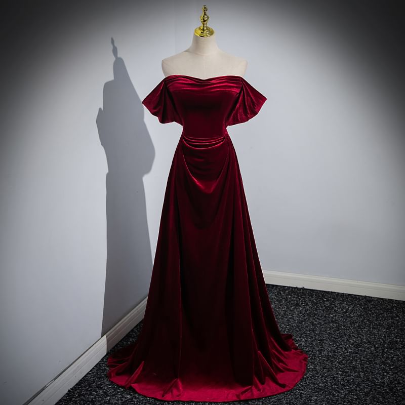 Gown Off A-Line Velvet Shoulder Evening