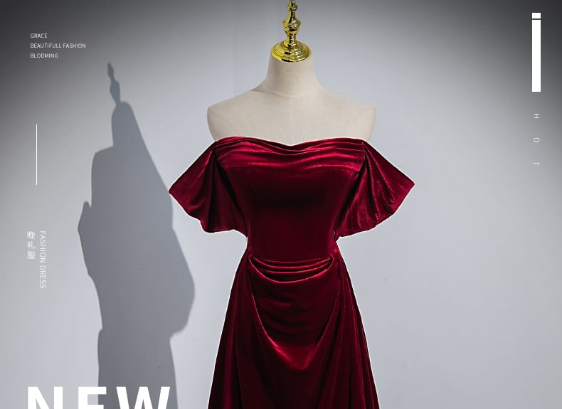 Gown Off A-Line Velvet Shoulder Evening