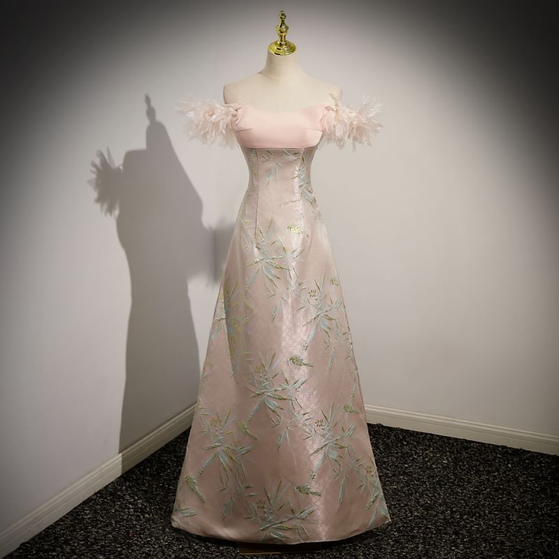 Print Off Evening A-Line Shoulder Gown