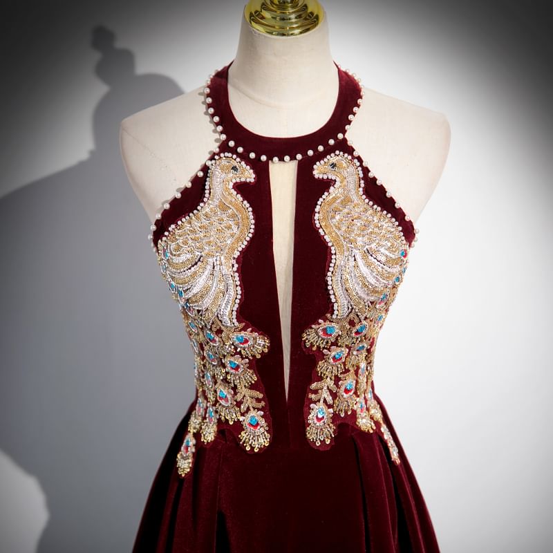 A-Line Halter Neck Evening Gown Velvet