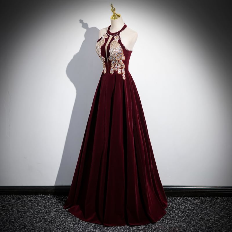 A-Line Halter Neck Evening Gown Velvet