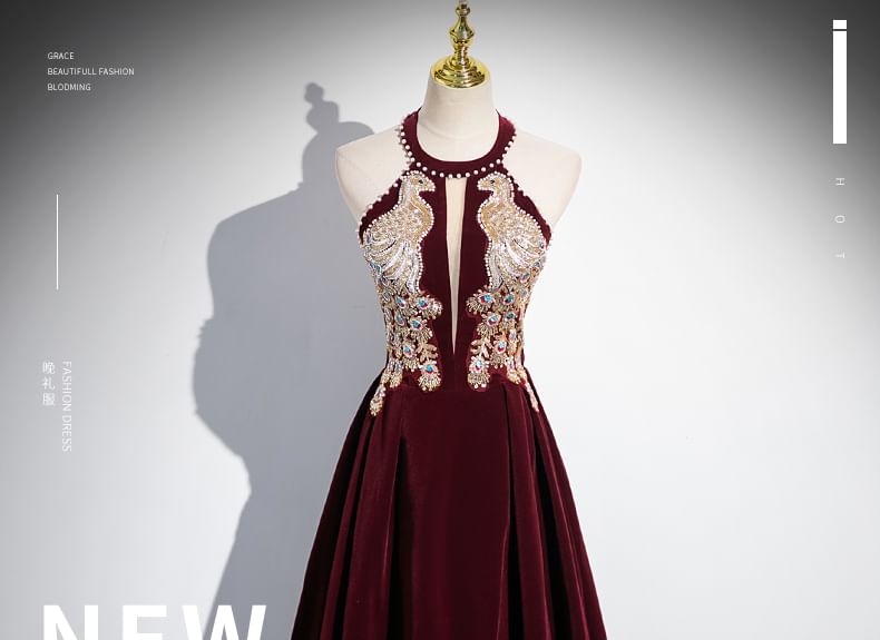 A-Line Halter Neck Evening Gown Velvet