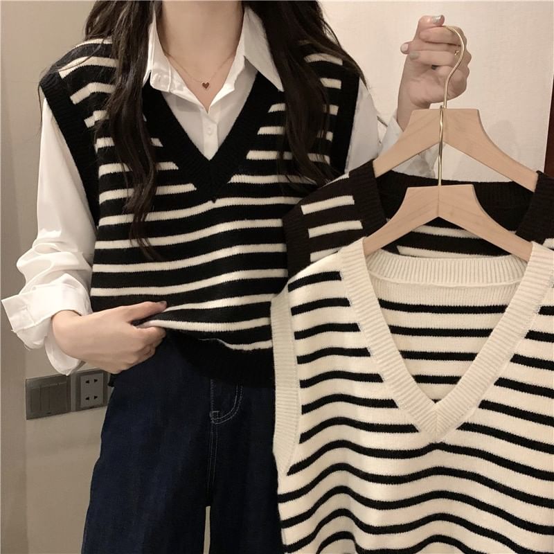 V-Neck Striped Knit Vest