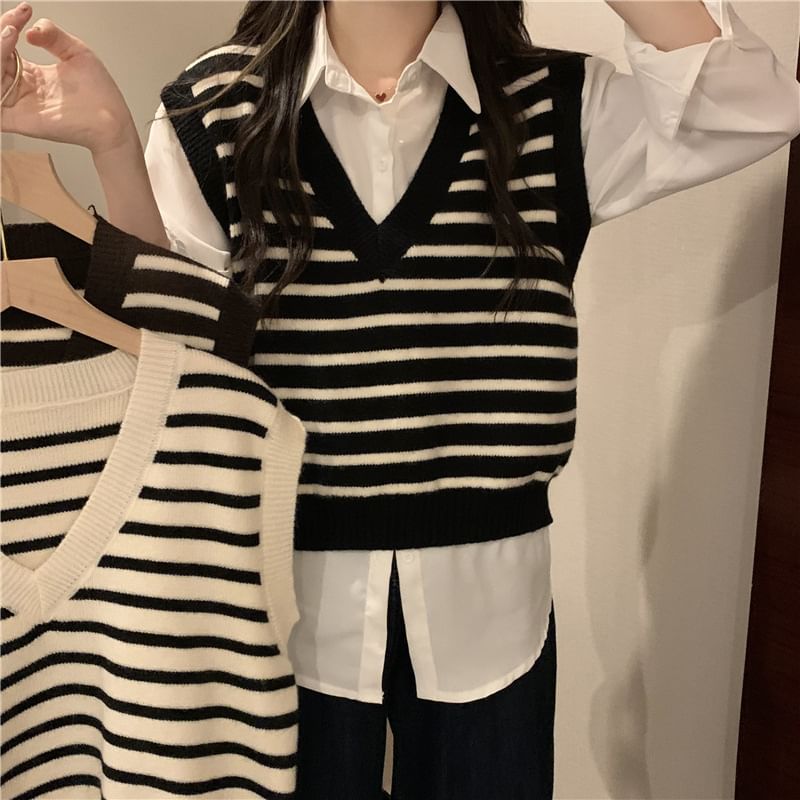 V-Neck Striped Knit Vest