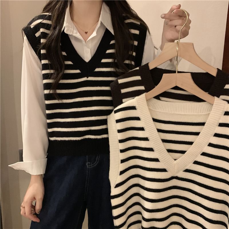 V-Neck Striped Knit Vest