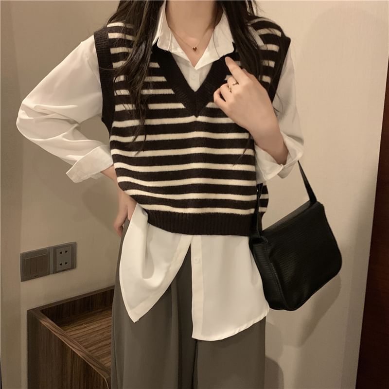 V-Neck Striped Knit Vest