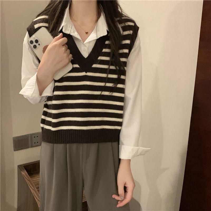 V-Neck Striped Knit Vest