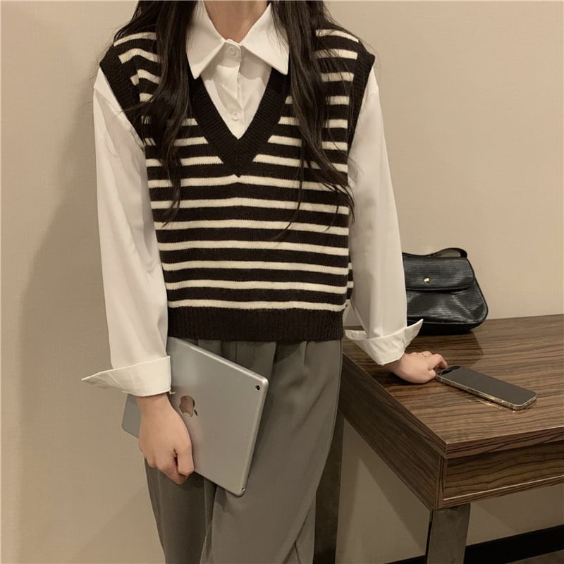 V-Neck Striped Knit Vest