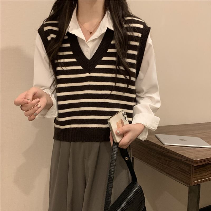 V-Neck Striped Knit Vest